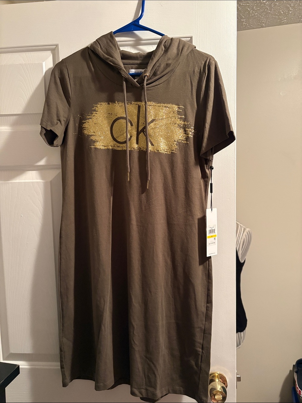 Calvin Klein Olive Hooded Short-Sleeve Dress with Gold Logo